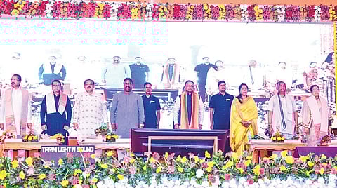CM Mohan Charan Majhi and others at the ‘Vikas Pathe Mayurbhanj’ programme in Kaptipada’s Patpur village on Saturday.