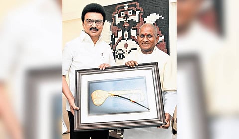 Chief Minister Stalin presenting a gift to music composer Ilaiyaraaja