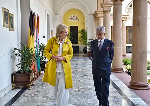 In this image released by @DrSJaishankar via X on Monday, March 3, 2025, External Affairs Minister S Jaishankar during a meeting with Princess Astrid of Belgium, in New Delhi.