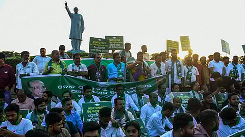BJD workers stage demonstration protesting the state government’s decision to change the date of Panchayati Raj Diwas from March 5 to April 24 in Bhubaneswar.
