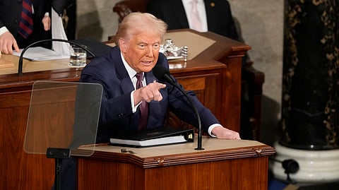 President Donald Trump gestures as he addresses a joint session of Congress at the Capitol in Washington, Tuesday, March 4,