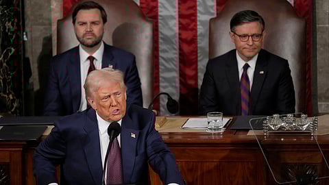 President Donald Trump addresses a joint session of Congress in the House chamber at the U.S. Capitol in Washington, Tuesday, March 4, 2025, as Vice President JD Vance and House Speaker Mike Johnson of La., listen.