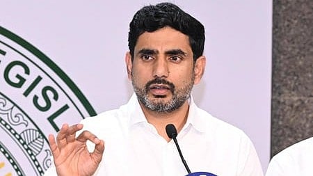 Minister for IT Nara Lokesh addressing the media at the assembly media point on Wednesday. Express