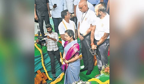 NTR trust managing trustee Nara Bhuvaneswari during the foundation ceremony of the NTR Memorial Trust Thalassemia Care Centre and Blood Centre building in Vijayawada on Thursday. 