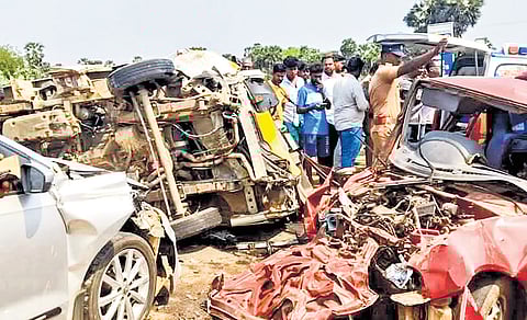 The mangled remains of the vehicles involved in the accident.