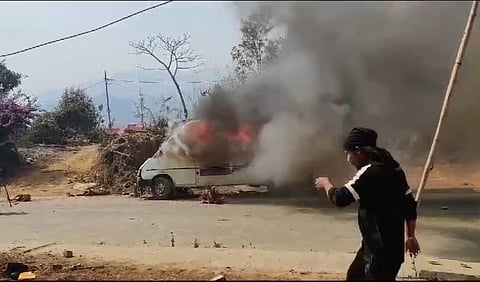 In a viral video, a Traveller-type vehicle was seen on fire. Reports suggested a MST bus was also torched. 