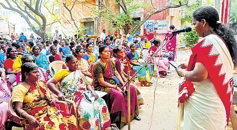 Around 100 woman sanitary workers gathered at Ripon Buildings on Saturday on Women’s Day