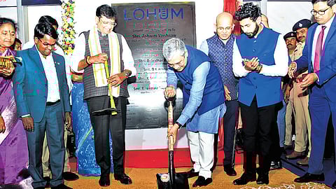 Railway Minister Ashwini Vaishnaw, along with IT Minister D Sridhar Babu, lays the foundation for four manufacturing units at the EMC in Divitipally on Saturday