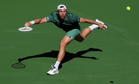 Tallon Griekspoor of the Netherlands plays a forehand against Alexander Zverev of Germany in their second round match during the BNP Paribas Open at Indian Wells Tennis Garden on March 07, 2025 in Indian Wells, California. 