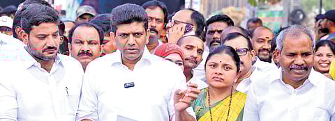 Union Minister of State for Rural Development and Communications Dr Pemmasani Chandrasekhar speaking to presspersons after inaugurating the triple-railway bridge at Srinivasa Nagar, Donka Road