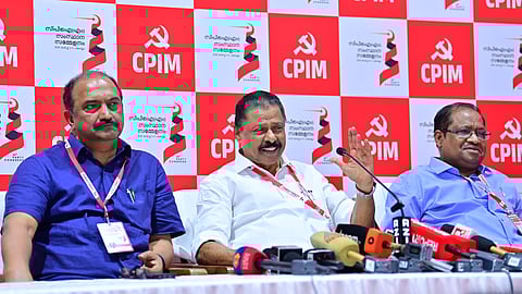 CPM state secretary MV Govindan speaks in press meet in Kollam on Friday, as part of CPM state conference. 