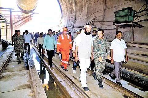 State Irrigation Minister Uttam Kumar Reddy reviews the rescue operations at the SLBC tunnel on Saturday