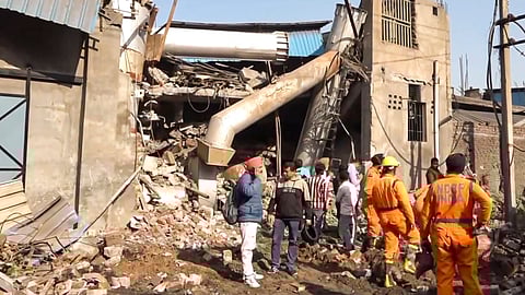 Rescue work underway after a multi-storey building of a textile factory collapsed on Saturday evening, in Ludhiana, Punjab.