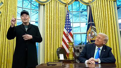 FILE - President Donald Trump listens as Elon Musk speaks in the Oval Office at the White House.