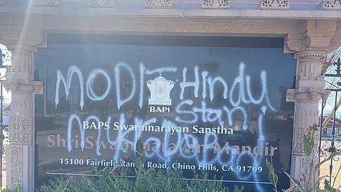 The vandalised section of the BAPS Hindu temple in California.