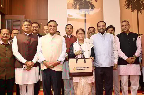 Assam Finance Minister Ajanta Neog alongside Chief Minister Himanta Biswa Sarma, Cabinet Ministers, and MLAs.