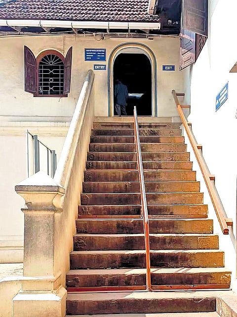 The stone stairs at Dutch Palace before the outdoor stair lift was installed