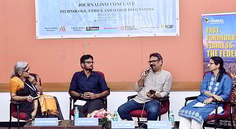 (L-R) Vidya Padmanbhan moderating a session with Ram M Sundaram, assistant editor, Times of India, Anto T Joseph, resident editor - TN, TNIE, and Indira Balaji, The Federal