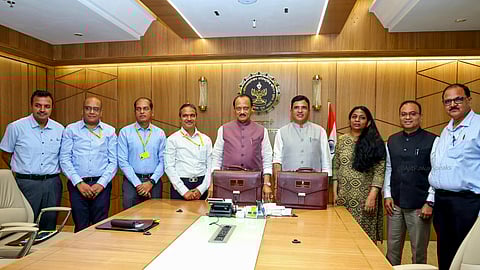Maharashtra Deputy Chief Minister Ajit Pawar during a meeting with Minister of State and officials of the Finance and Planning Department before presentation of the state Budget, in Mumbai. 