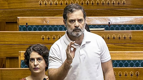 Congress MP Rahul Gandhi speaks in the Lok Sabha during the second part of the Budget session of Parliament, in New Delhi.