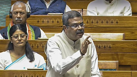Union Education Minister Dharmendra Pradhan speaks in the Lok Sabha during the second part of the Budget session of Parliament, in New Delhi, Monday, March 10, 2025.