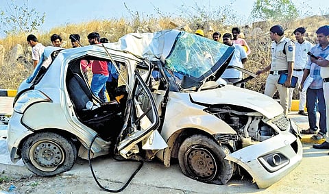The mangled remains of the car