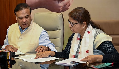 Assam Chief Minister Himanta Biswa Sarma with Finance Minister Ajanta Neog during a press conference regarding the state Budget, in Guwahati, Assam, Monday, March 10, 2025.