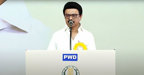 Tamil Nadu CM Stalin addressing a government event at Chengelpet near Chennai.