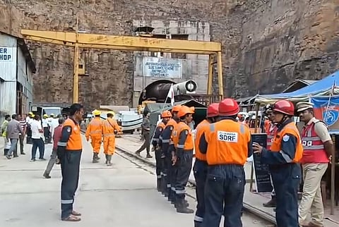 Rescue operation underway to locate workers trapped inside the partially collapsed Srisailam Left Bank Canal (SLBC) project tunnel, in Nagarkurnool, Telangana, Wednesday, March 12, 2025. 