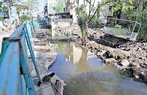 The spot where the three-year-old girl accidentally slipped and fell into an under-construction stormwater drain at Thoraipakkam.
