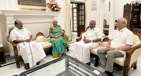(R-L) Kerala Governor Rajendra Arlekar, Kerala Chief Minister Pinarayi Vijayan, Union Finance Minister Nirmala Sitharaman and KV Thomas, Special Representative of Kerala Government in Delhi, during a meeting at Kerala House, in New Delhi, on March 12, 2025.