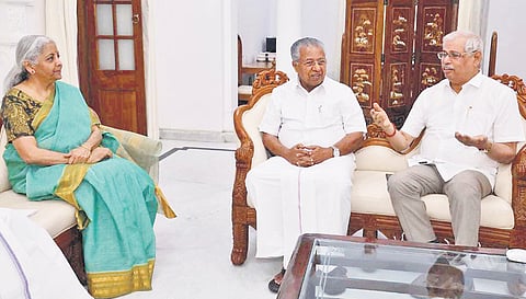 Union Finance Minister Nirmala Sitharaman at a meeting with Chief Minister Pinarayi Vijayan and Governor Rajendra Arlekar in New Delhi on Wednesday