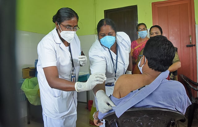 Vaccine being administered at Government Ayurveda Hospital, Varakala