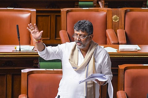 In this image by Karnataka CMO on Monday, March 10, 2025, Karnataka Deputy Chief Minister D K Shivakumar speaks during the Budget session of the state Legislative Assembly, in Bengaluru. 