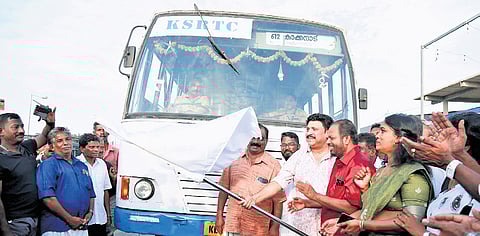 Transport Minister Ganesh Kumar flagging off 10 buses of the Kerala State Road Transport Corporation to provide direct connectivity for the islanders in and around Vypeen region to various city centres.