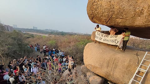 Students and staff of Hyderabad Central University protest at the Kancha Gachibowli forest site opposing the Telangana government's decision to develop the 400-acre land parcel.