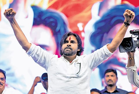 Deputy Chief Minister and JSP chief Pawan Kalyan addresses the party plenary at Chitrada in Pithapuram constituency on Friday 