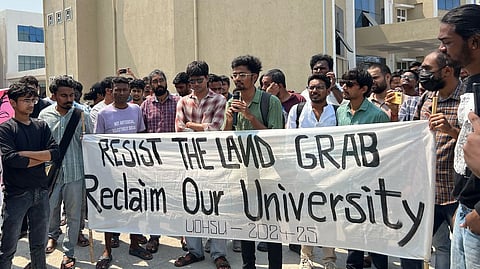 Students and staff of Hyderabad Central University Protest at Kancha Gachibowli oppose Telangana governments decision to auction 400 acres of University of Hyderabad land.