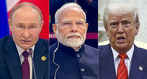 (L-R) A collage of Russian President Vladimir Putin, Prime Minister Narendra Modi, and US President Donald Trump.