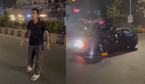 The 20-year-old law student, Rakshit Chaurasiya, was driving the car (R) when he rammed into two-wheelers on the street, killing one and injuring four others.