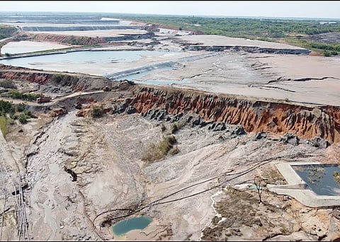 This image taken from video Wednesday, Feb. 19, 2025, shows a breach at a tailing dam at a Sino-Metals Leach Zambia mine near Kitwe