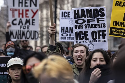 A people gathered in Foley Square, outside the Manhattan federal court, in support of Mahmoud Khalil, Wednesday, March 12, 2025, in New York.