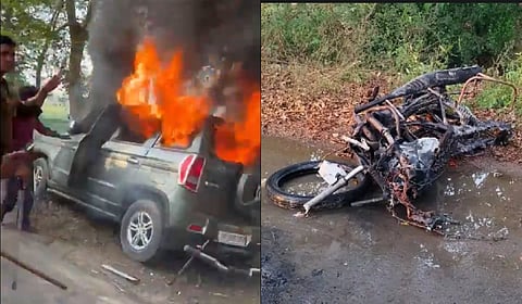 The car was set on fire by the enraged villagers (L); the remains of the motorcycles that the deceased were travelling in.