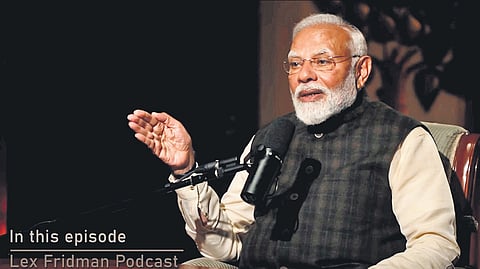 Prime Minister Narendra Modi during a podcast with Lex Fridman, in New Delhi on Sunday, March 16, 2025.