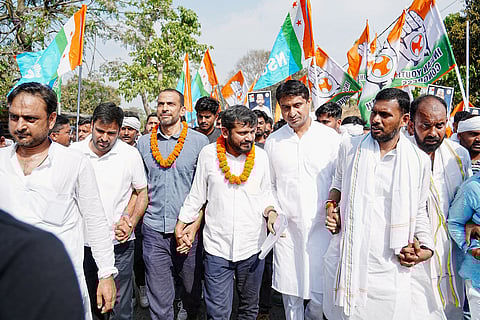 Senior leaders of Congress, including AICC Bihar In-charge Krishna Allavaru, state president Akhilesh Prasad Singh and NSUI leader Kanhaiya Kumar, are leading the foot march