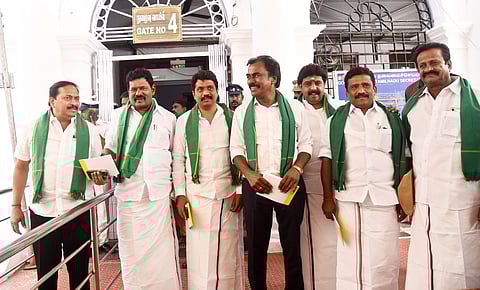 DMK MLAs come out with agri attire after the  assembly Agri budget 2025-26  session in Chennai on Saturday 