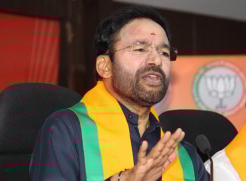 Union Minister G Kishan Reddy addressing the media at the BJP party office in Hyderabad.