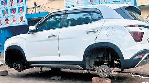 SUV from which four mag wheels were stolen in Gandhinagar in the early hours of Sunday.