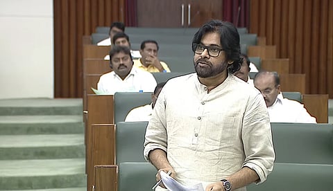 Deputy CM Pawan Kalyan during the assembly session on Monday. 