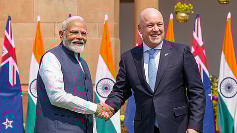 Prime Minister Narendra Modi and New Zealand Prime Minister Christopher Luxon during a meeting at the Hyderabad House in New Delhi (Photo | PTI)